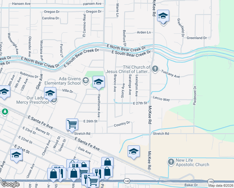 map of restaurants, bars, coffee shops, grocery stores, and more near 2748 Branco Avenue in Merced