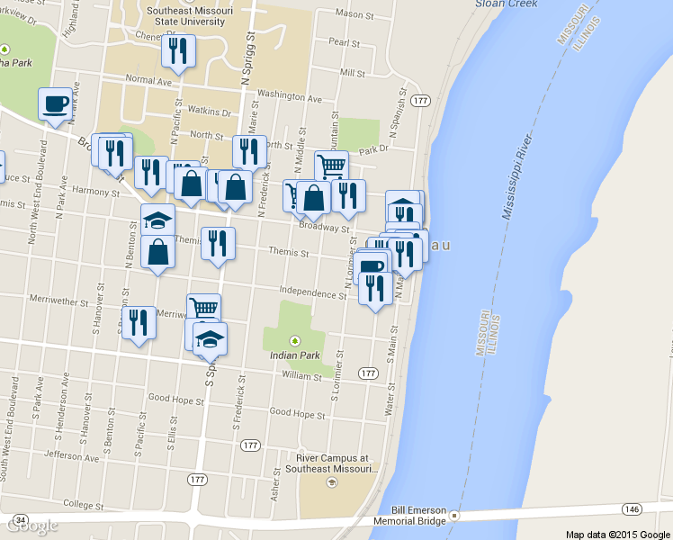 map of restaurants, bars, coffee shops, grocery stores, and more near 313 Themis St in Cape Girardeau