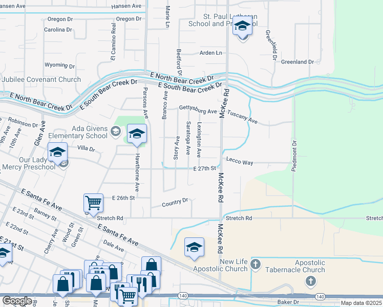 map of restaurants, bars, coffee shops, grocery stores, and more near 2742 Saratoga Avenue in Merced