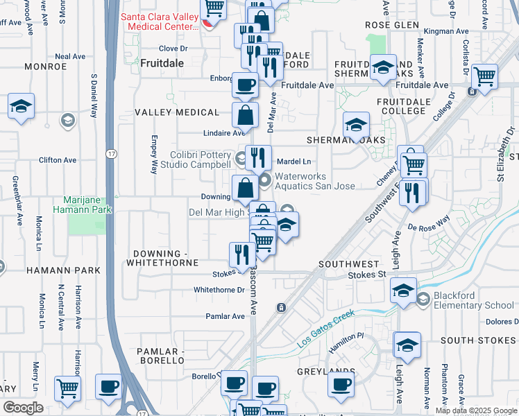 map of restaurants, bars, coffee shops, grocery stores, and more near 1165 South Bascom Avenue in San Jose