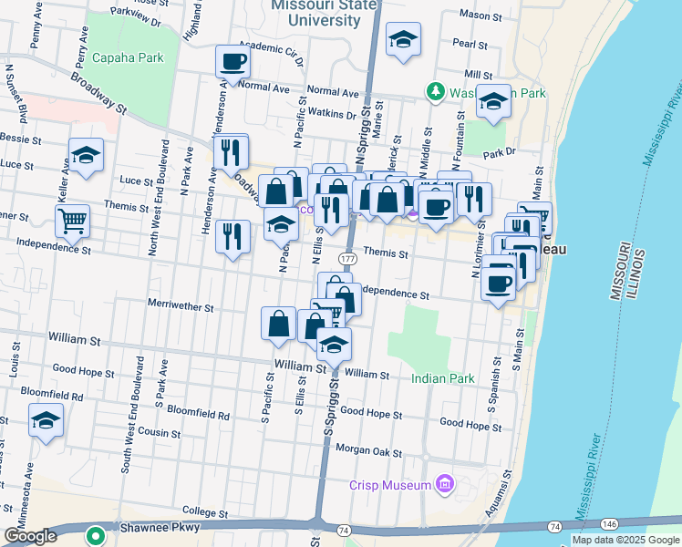 map of restaurants, bars, coffee shops, grocery stores, and more near 13 North Sprigg Street in Cape Girardeau