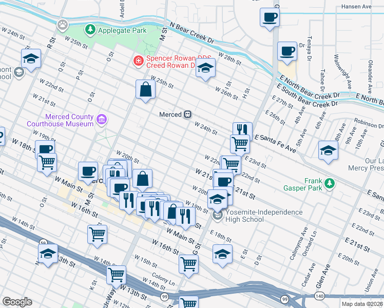 map of restaurants, bars, coffee shops, grocery stores, and more near 220 West 22nd Street in Merced
