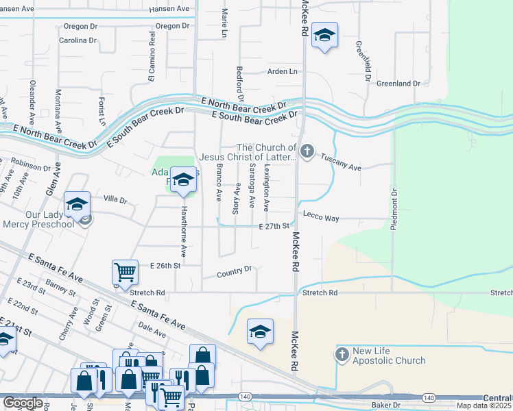 map of restaurants, bars, coffee shops, grocery stores, and more near 2742 Saratoga Avenue in Merced