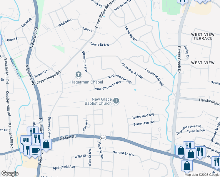 map of restaurants, bars, coffee shops, grocery stores, and more near 5056 Youngwood Drive Northwest in Roanoke