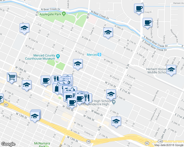 map of restaurants, bars, coffee shops, grocery stores, and more near 303 West 21st Street in Merced