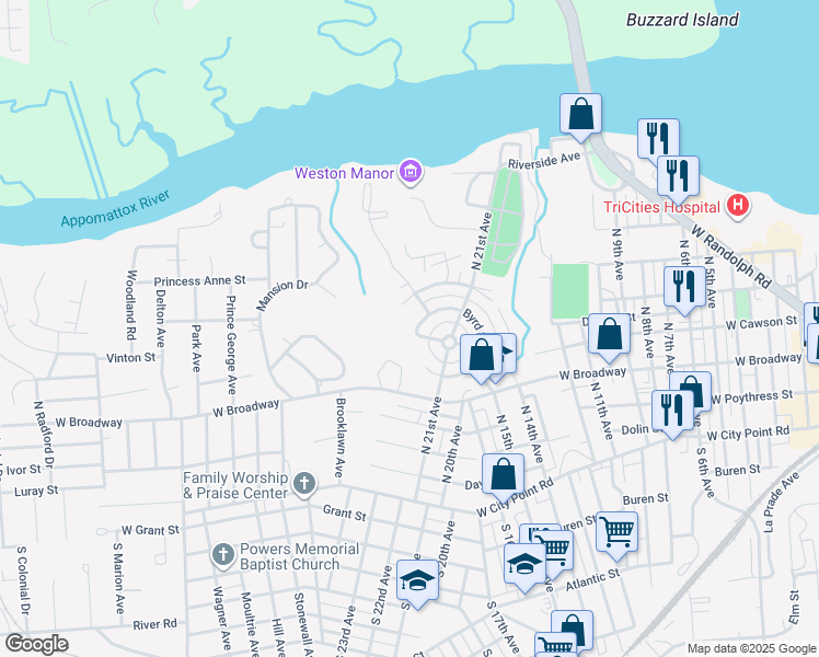 map of restaurants, bars, coffee shops, grocery stores, and more near 336 Byrd Street in Hopewell