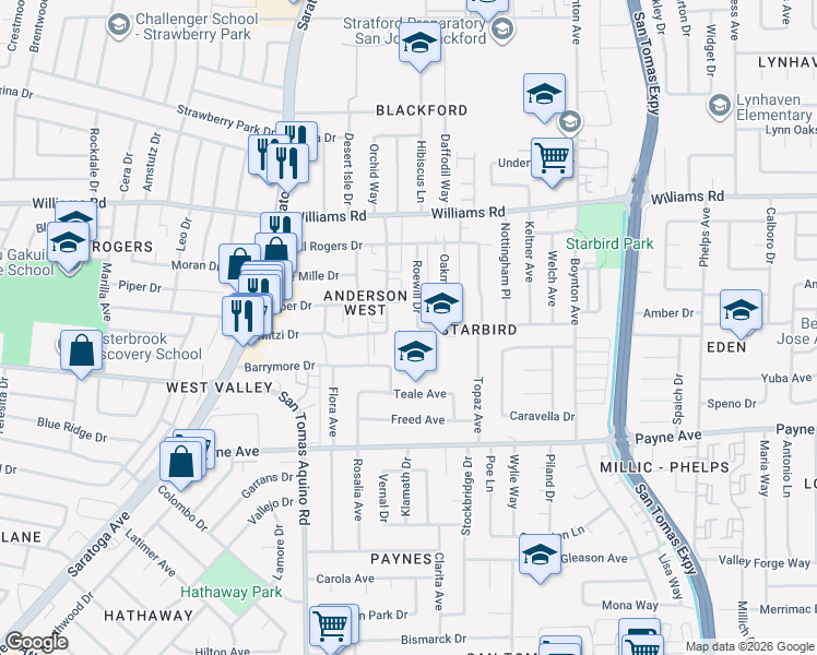 map of restaurants, bars, coffee shops, grocery stores, and more near 1137 Roewill Drive in San Jose
