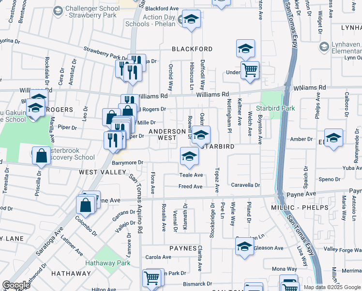 map of restaurants, bars, coffee shops, grocery stores, and more near 1137 Roewill Drive in San Jose