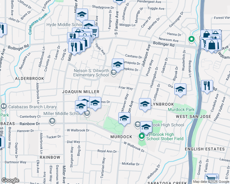 map of restaurants, bars, coffee shops, grocery stores, and more near 1175 Fairford Way in San Jose