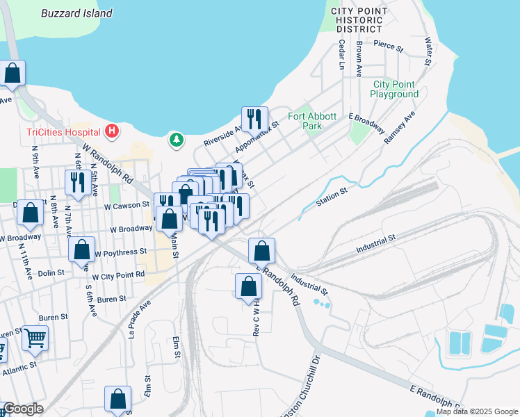 map of restaurants, bars, coffee shops, grocery stores, and more near 101-199 Kippax Street in Hopewell