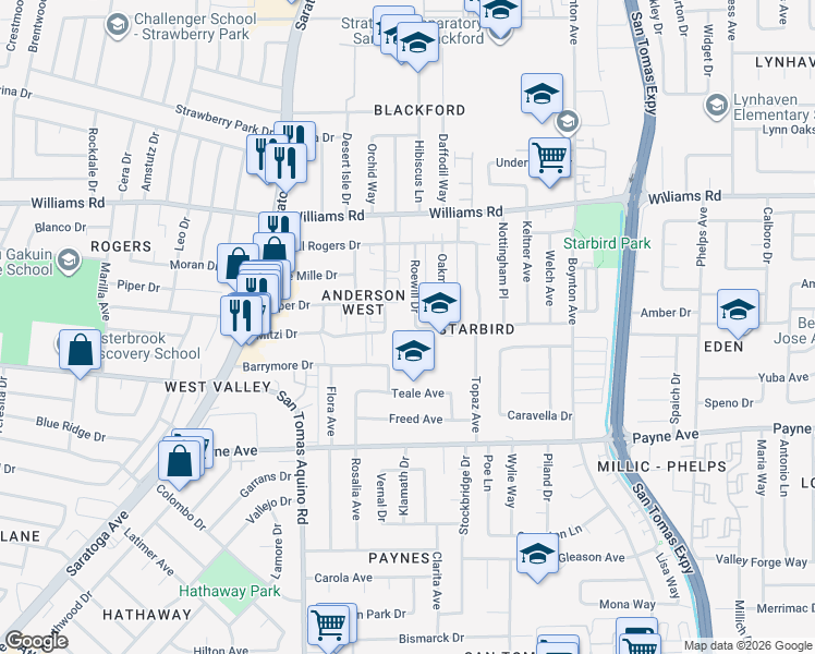 map of restaurants, bars, coffee shops, grocery stores, and more near 1137 Roewill Drive in San Jose
