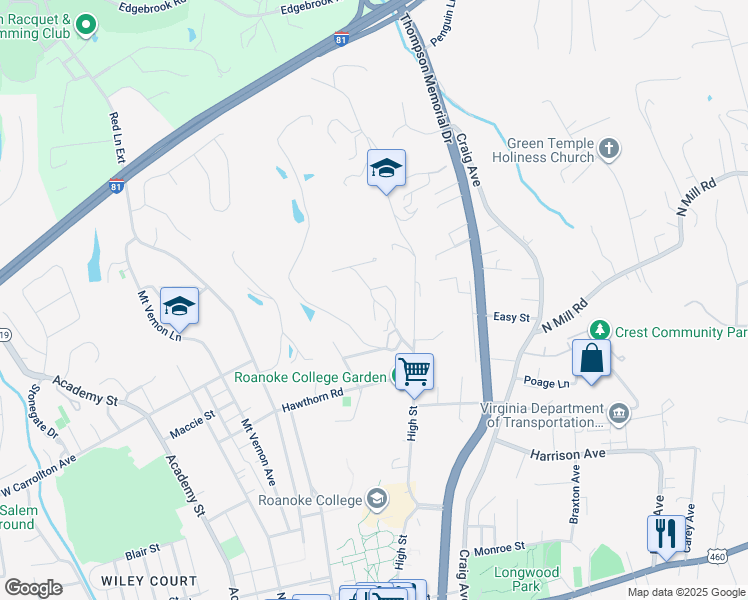 map of restaurants, bars, coffee shops, grocery stores, and more near Roundtop Place in Salem