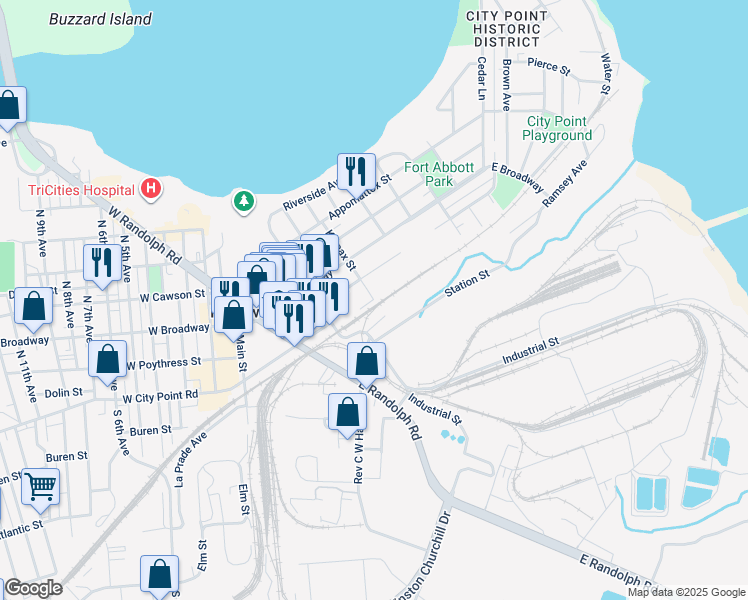 map of restaurants, bars, coffee shops, grocery stores, and more near 101 Kippax Street in Hopewell