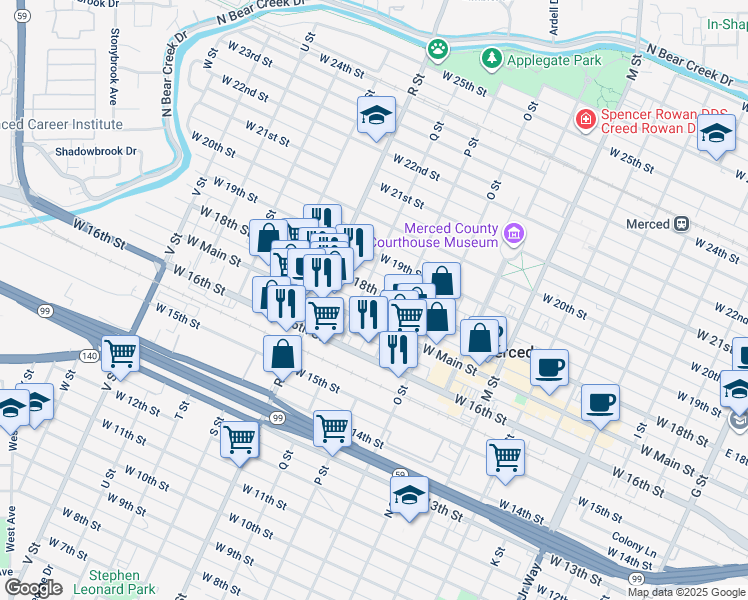 map of restaurants, bars, coffee shops, grocery stores, and more near 944 West 18th Street in Merced
