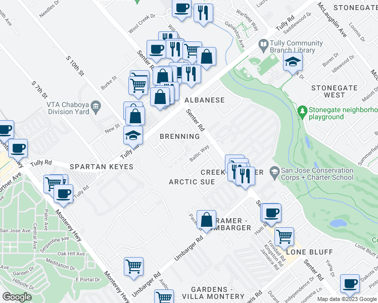 map of restaurants, bars, coffee shops, grocery stores, and more near 2707 Corde Terra Circle in San Jose