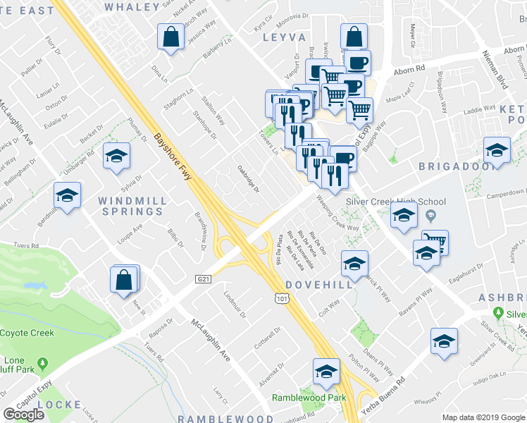 map of restaurants, bars, coffee shops, grocery stores, and more near 3354 Shadow Park Place in San Jose