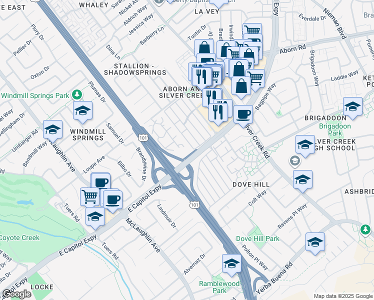 map of restaurants, bars, coffee shops, grocery stores, and more near 3354 Shadow Park Place in San Jose