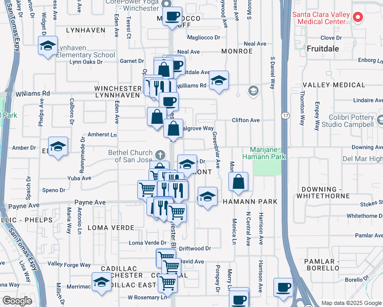 map of restaurants, bars, coffee shops, grocery stores, and more near 3052 Westfield Avenue in San Jose