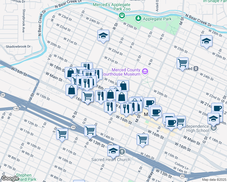 map of restaurants, bars, coffee shops, grocery stores, and more near 909 West 18th Street in Merced