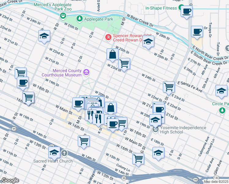 map of restaurants, bars, coffee shops, grocery stores, and more near 436 West 21st Street in Merced