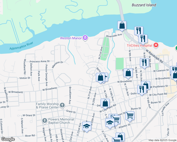 map of restaurants, bars, coffee shops, grocery stores, and more near 336 Byrd Street in Hopewell