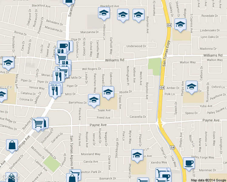 map of restaurants, bars, coffee shops, grocery stores, and more near 1134 Oakmont Drive in San Jose