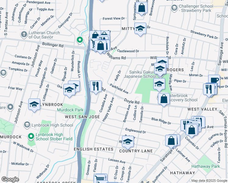map of restaurants, bars, coffee shops, grocery stores, and more near 5090 Parkfield Avenue in San Jose