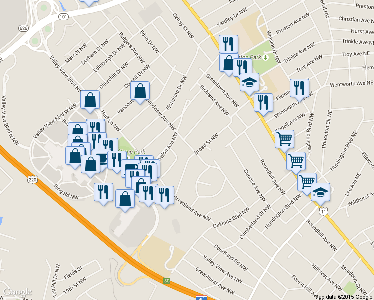 map of restaurants, bars, coffee shops, grocery stores, and more near 3914 Grandview Avenue Northwest in Roanoke