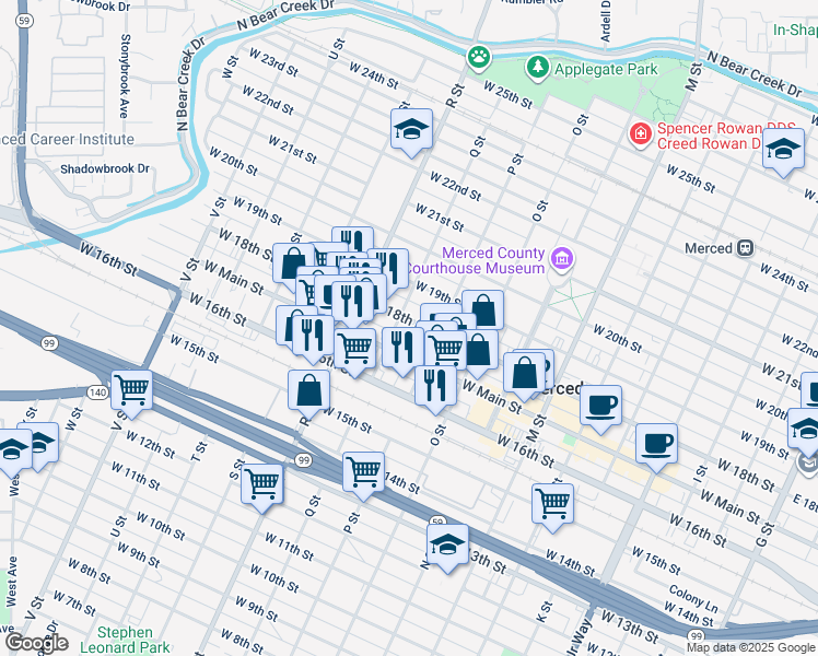 map of restaurants, bars, coffee shops, grocery stores, and more near 944 West 18th Street in Merced