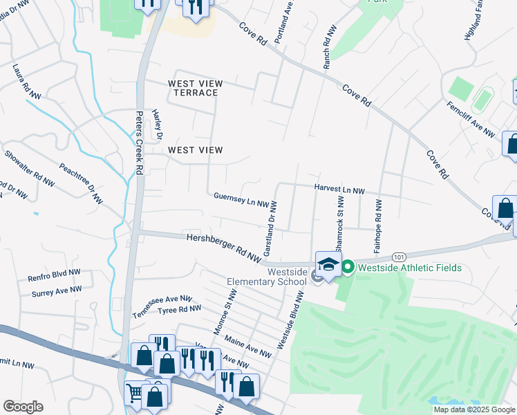 map of restaurants, bars, coffee shops, grocery stores, and more near 4018 Guernsey Lane Northwest in Roanoke