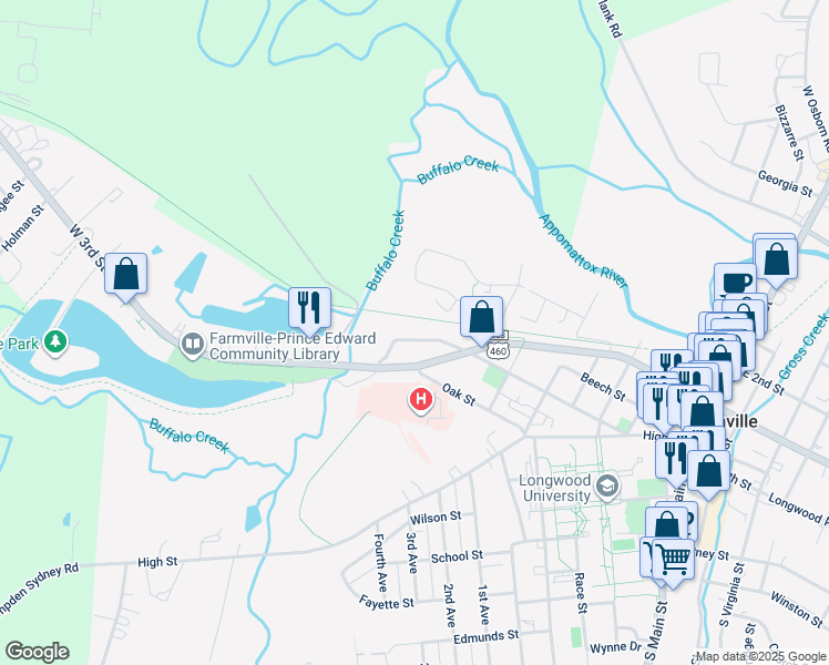 map of restaurants, bars, coffee shops, grocery stores, and more near 830 Buffalo Street in Farmville