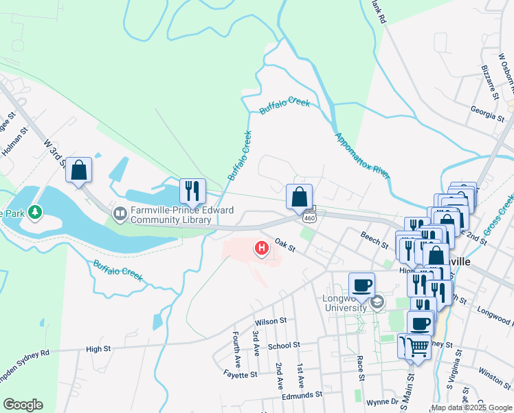 map of restaurants, bars, coffee shops, grocery stores, and more near 830 Buffalo Street in Farmville