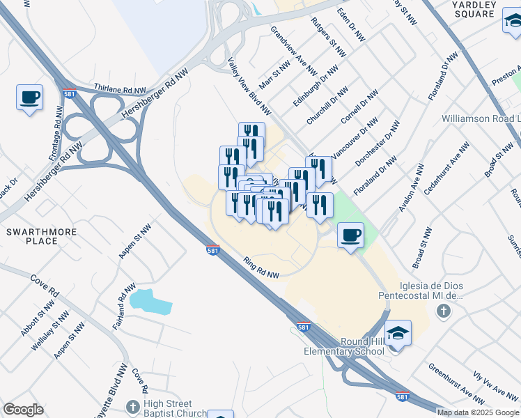 map of restaurants, bars, coffee shops, grocery stores, and more near 4832 Valley View Boulevard Northwest in Roanoke