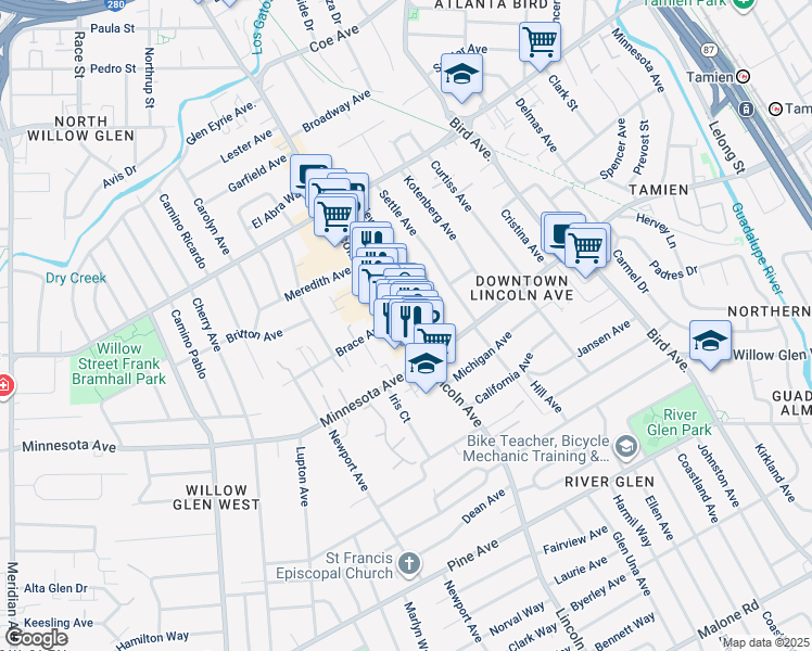 map of restaurants, bars, coffee shops, grocery stores, and more near 1325 Blewett Avenue in San Jose