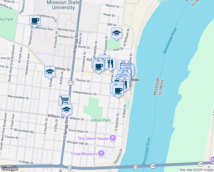 map of restaurants, bars, coffee shops, grocery stores, and more near 313 Themis Street in Cape Girardeau