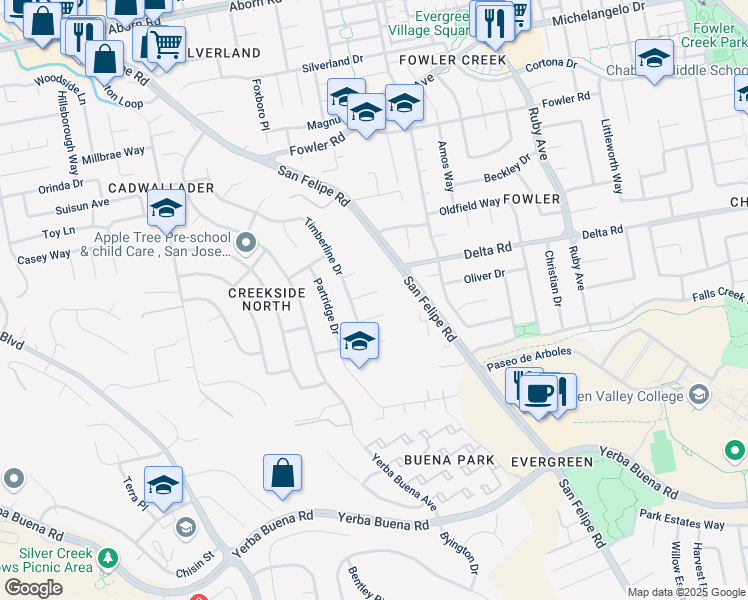 map of restaurants, bars, coffee shops, grocery stores, and more near 2866 Pinecrest Ct in San Jose