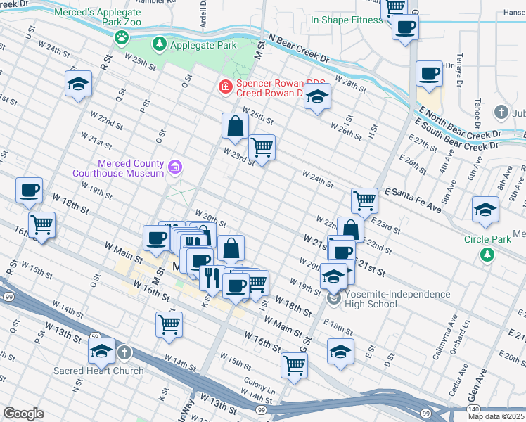 map of restaurants, bars, coffee shops, grocery stores, and more near 329 West 21st Street in Merced