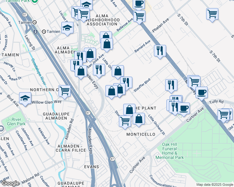 map of restaurants, bars, coffee shops, grocery stores, and more near 1850 Stone Avenue in San Jose