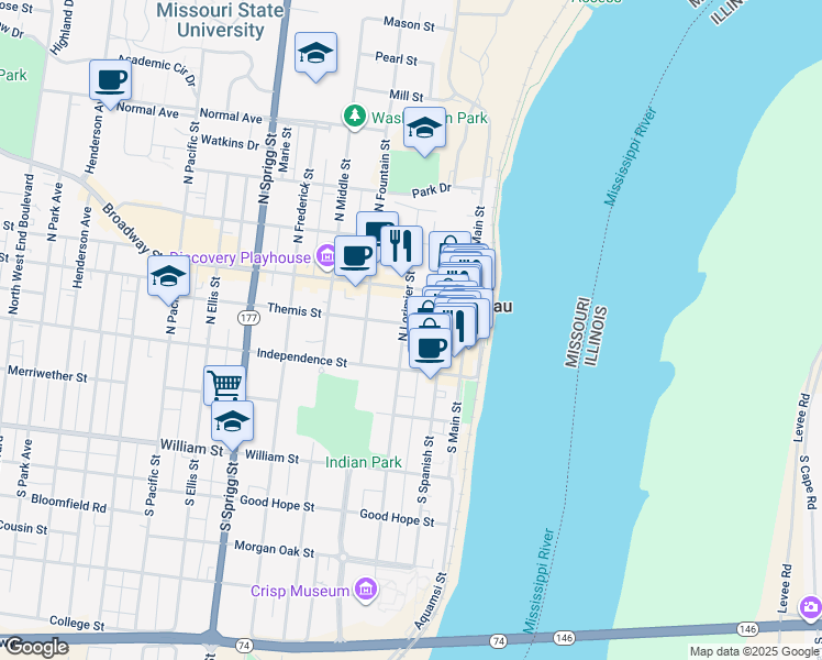 map of restaurants, bars, coffee shops, grocery stores, and more near 44 North Lorimier Street in Cape Girardeau