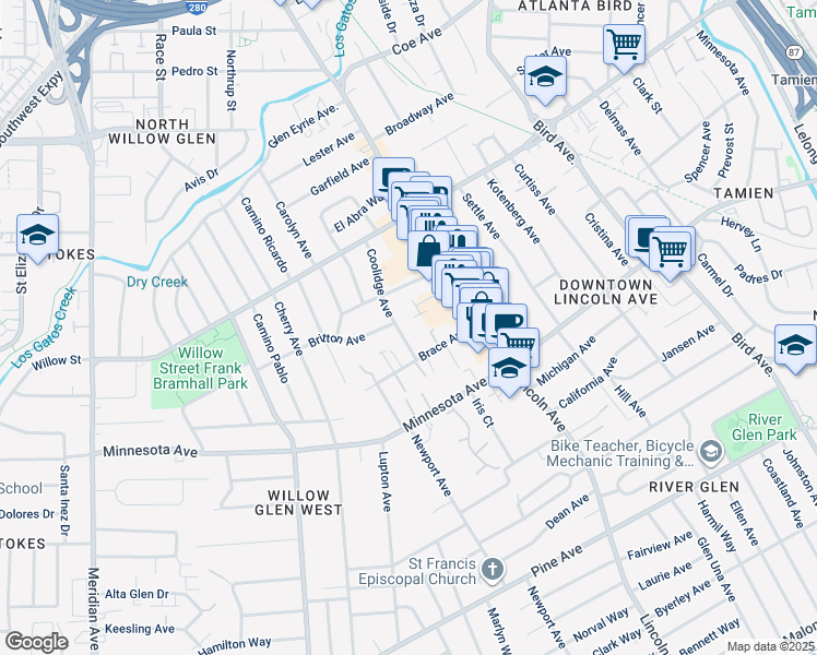map of restaurants, bars, coffee shops, grocery stores, and more near 1260 Coolidge Avenue in San Jose