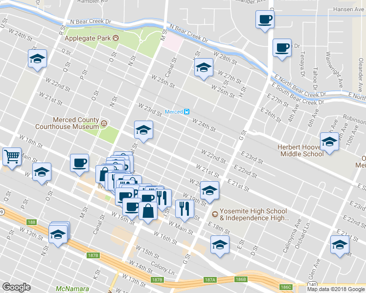 map of restaurants, bars, coffee shops, grocery stores, and more near 246 West 22nd Street in Merced