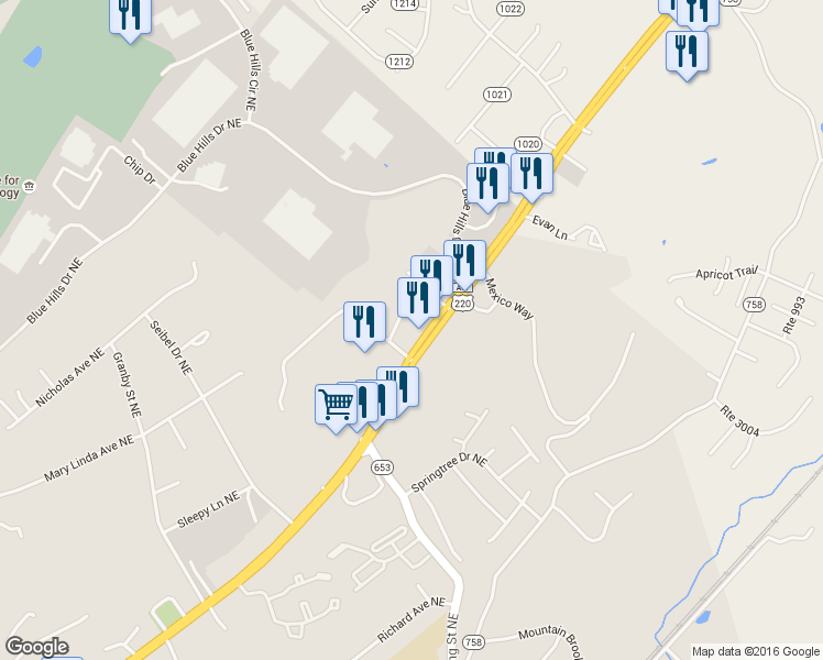 map of restaurants, bars, coffee shops, grocery stores, and more near 3538 Orange Avenue Northeast in Roanoke
