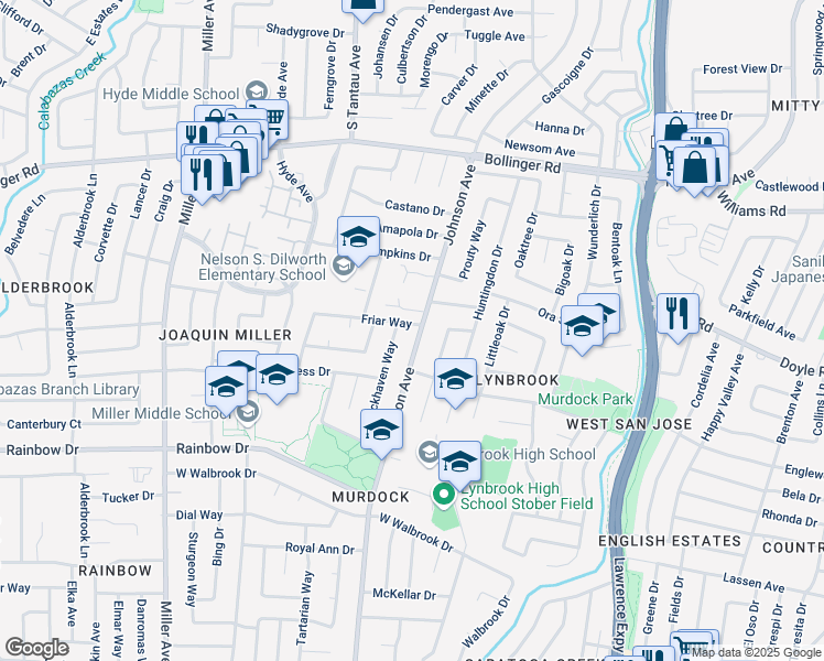 map of restaurants, bars, coffee shops, grocery stores, and more near 1147 Johnson Avenue in San Jose