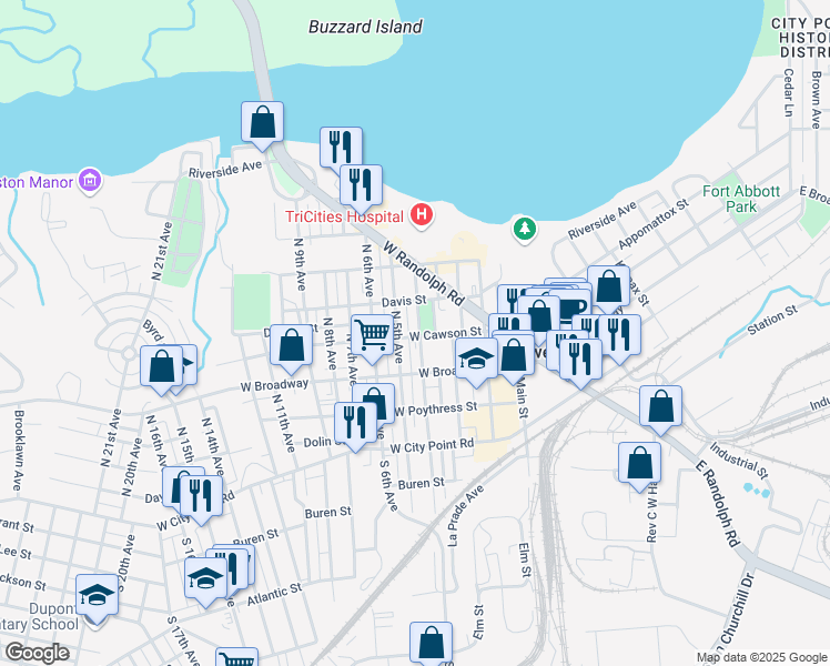 map of restaurants, bars, coffee shops, grocery stores, and more near 401 West Cawson Street in Hopewell