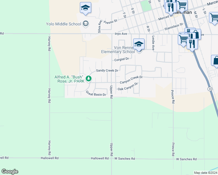 map of restaurants, bars, coffee shops, grocery stores, and more near 2208 Mesa Verde Lane in Newman