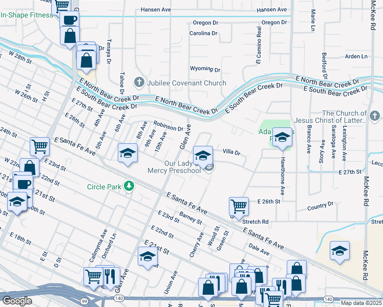 map of restaurants, bars, coffee shops, grocery stores, and more near 2727 Midge Avenue in Merced