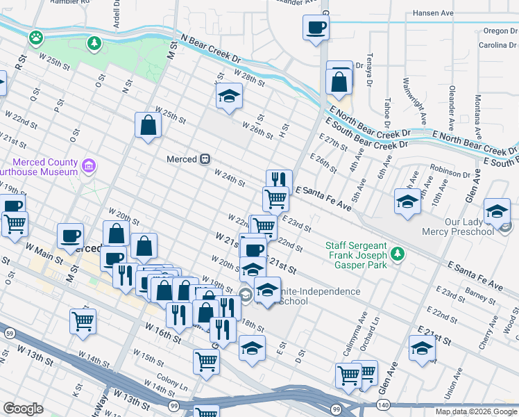 map of restaurants, bars, coffee shops, grocery stores, and more near 2228 H Street in Merced