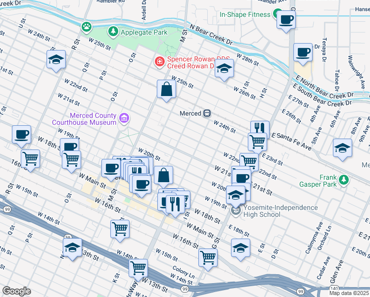 map of restaurants, bars, coffee shops, grocery stores, and more near 329 West 21st Street in Merced