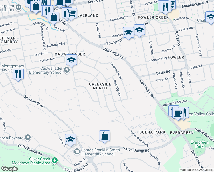 map of restaurants, bars, coffee shops, grocery stores, and more near 4046 Yerba Buena Avenue in San Jose