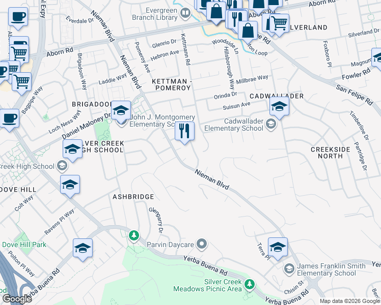 map of restaurants, bars, coffee shops, grocery stores, and more near 2224 Golden Dew Circle in San Jose